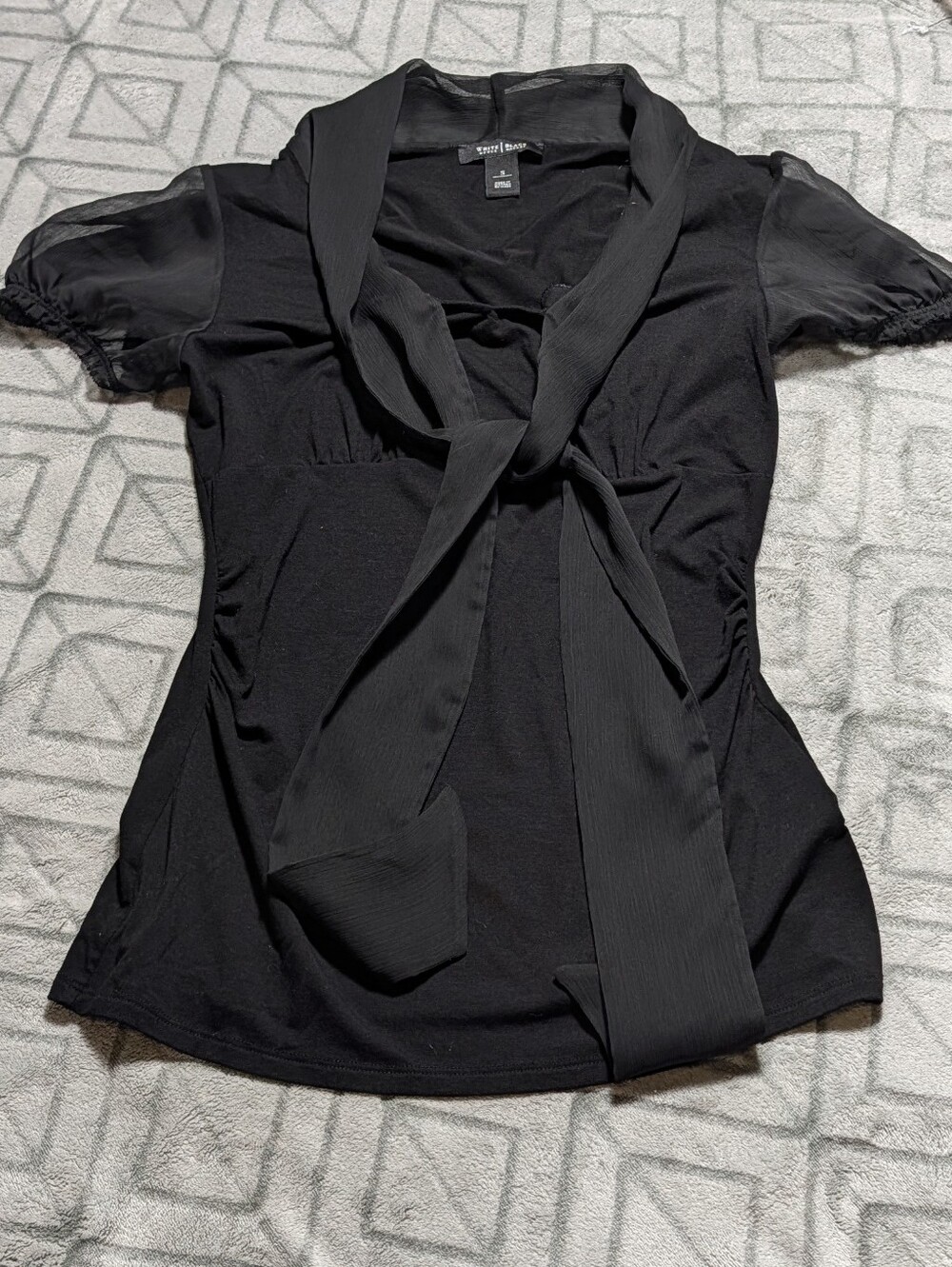White House Black Market Black Tie-Neck Short Sleeve Blouse With Sheer Sleeves